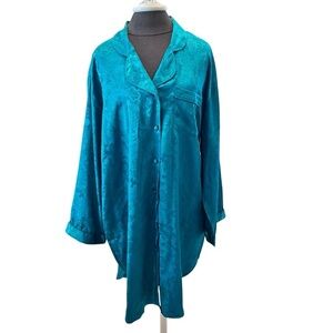 Vintage Oleg Cassini Satin Brocade Teal Night Shirt Size 18/20